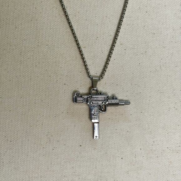 Y2K Silver Stainless Steel Uzi Necklace Urban Pendant Unisex Streetwear New - Picture 9 of 10